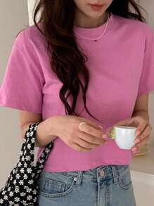 DAZY 女式圆领短袖T恤夏季，图案T恤 - 粉色 - 查看 5