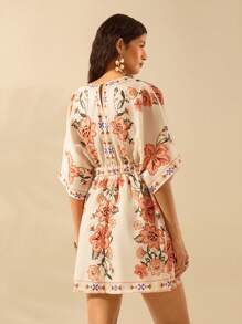 CAJUNI Đầm ngắn rộng rãi cổ chữ V họa tiết hoa nhiệt đới Boho dành cho nữ, trang phục đi biển thường ngày ngày lễ mùa hè - Nhiều màu - Xem 3