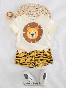 Cozy Pixies 2pcs Baby Boy Cartoon Animal Print Soft Knit Crew Neck Short Sleeve Top & Elastic Waist Shorts Set