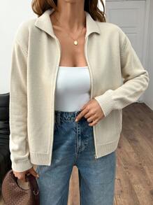 EURMUSE Áo len cardigan cổ polo có túi khóa kéo cho nữ - Màu be - Xem 3