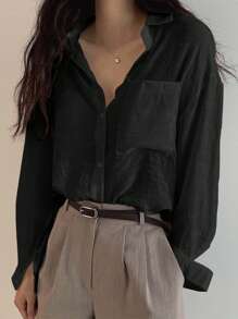 DAZY 女式纯色落肩长袖口袋宽松休闲衬衫，春夏 - 黑色 - 查看 5