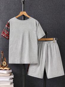 SHEIN Tween Boy Vacation Casual Geometric Print Mix Matching Short Sleeve Top And Shorts Set - Light Grey - View 2