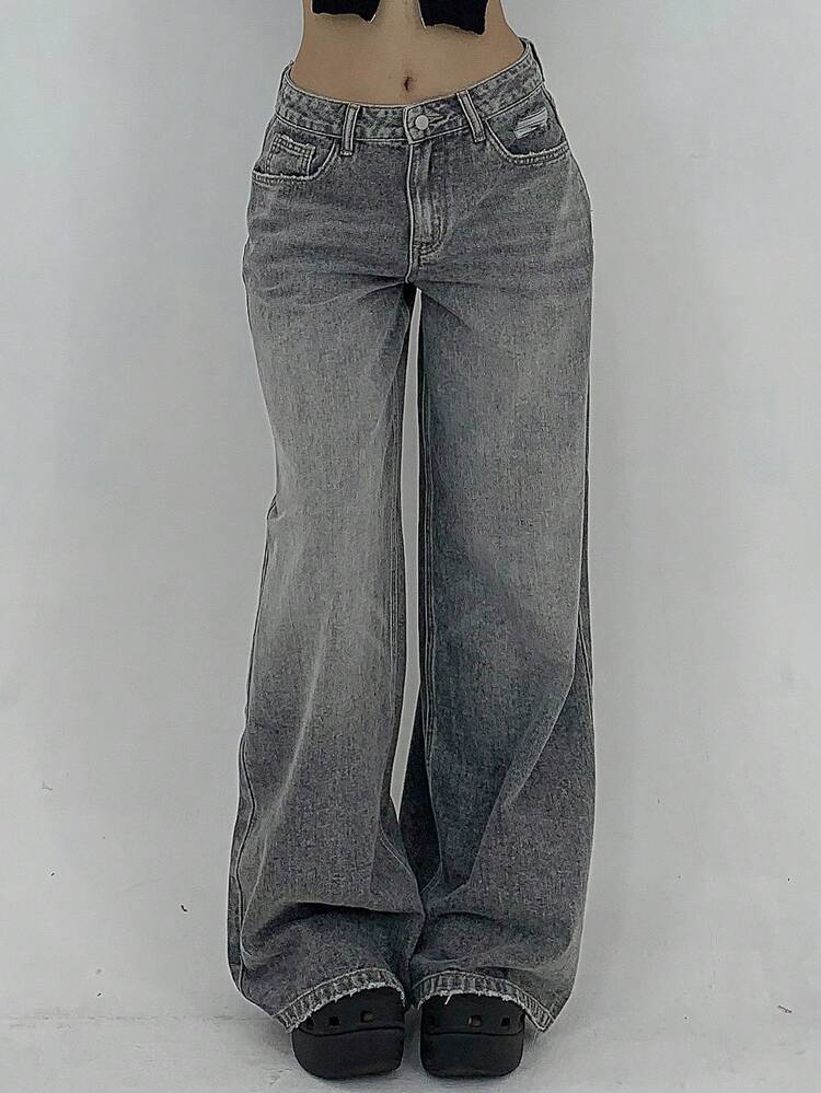 Women's Solid Color Casual Baggy Denim Jeans With Pockets