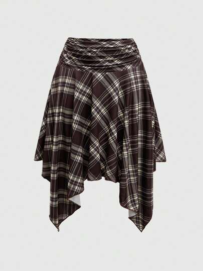 Damen Vintage Y2K karierter asymmetrischer Volant Mini Rock