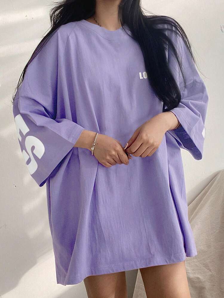 Women's Summer Casual Loose Fit T-Shirt With Round Neck, Drop Shoulder And Letter Print Oversized T-Shirt