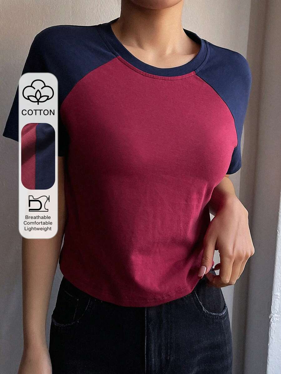 DAZY Camiseta casual de mujer de manga corta, cuello redondo, bloque de color, crop tops de mujer