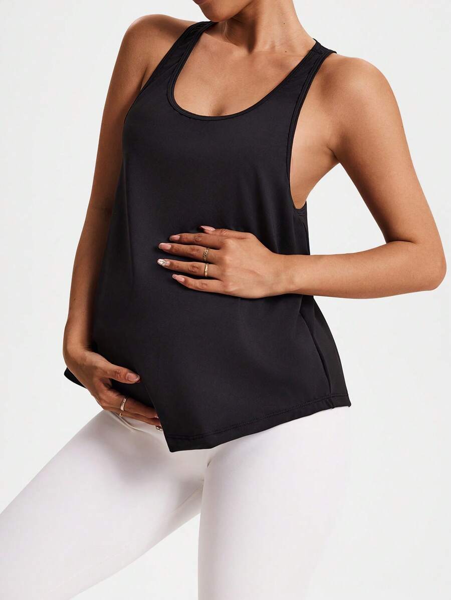 SHEIN Nueva camiseta de tirantes de color liso con costuras para maternidad, moda deportiva casual para yoga y actividades al aire libre
