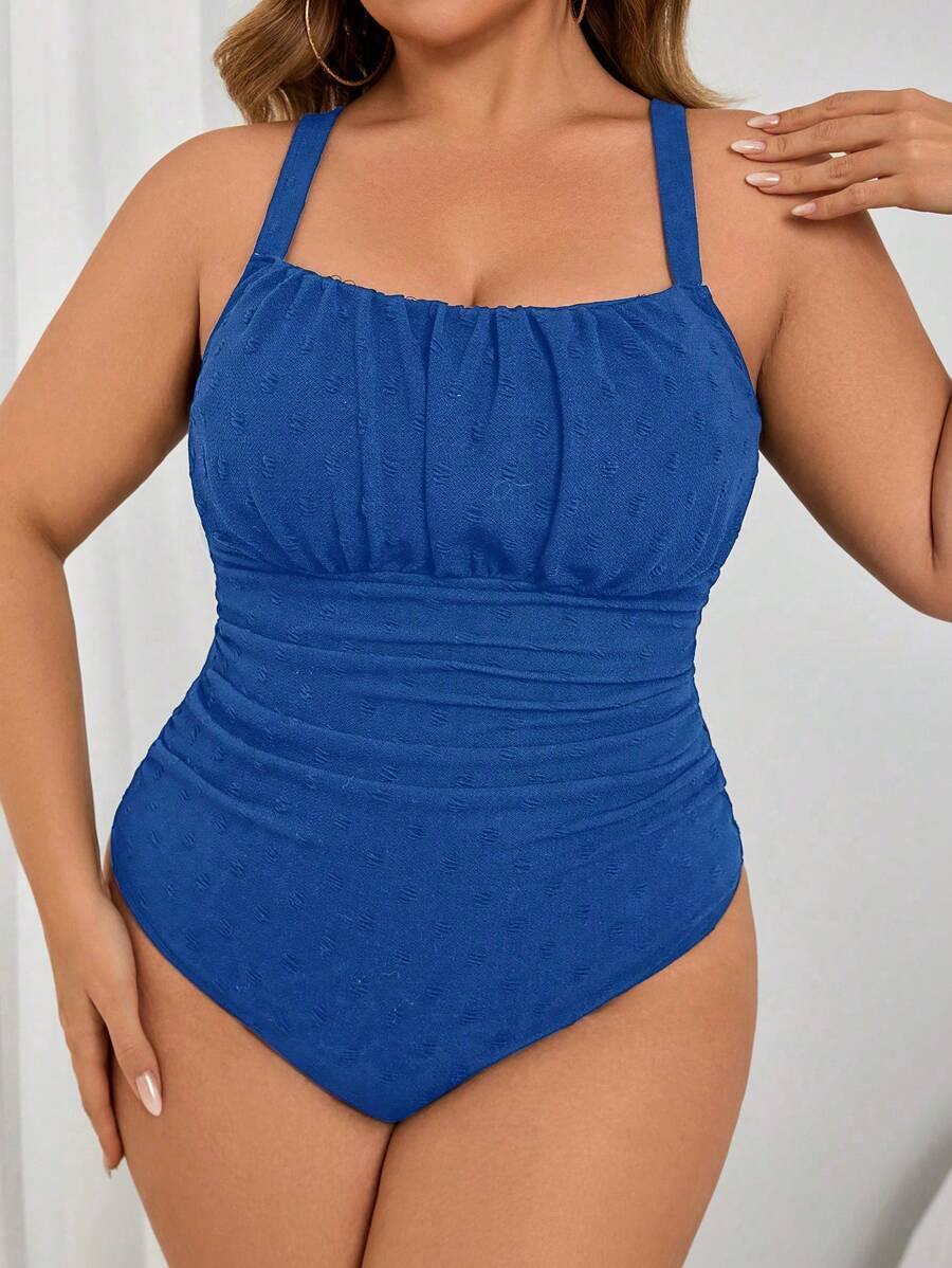 SHEIN Swim Curve 1 件大码女式纯色可调节肩带连体休闲度假泳衣