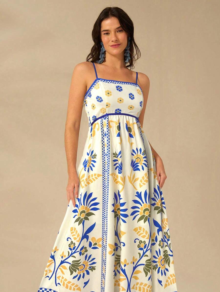 CAJUNI Women Vacation Spaghetti Strap Backless Selenipedium And Azalea Print Camisole Casual Summer Dress, Elegant And Graceful