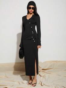 COSMINA Bộ đồ nữ 2 mảnh gồm áo tay dài cài cúc đơn và chân váy xếp ly, kiểu dáng thường ngày. - màu đen - Xem 3