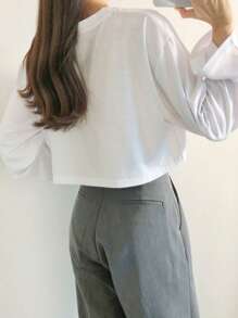 DAZY Solid Drop Shoulder Crop Tee,Fall Clothes Preppy Tops Long Sleeve Women Tops - White - View 2