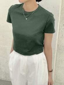 Dazy-Less 纯色圆领短款T恤，复古富贵风格，夏季商务休闲女装，复活节 - 綠色 - 查看 4