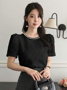 Wynsel Women's Textured Crew Neck Beaded Short Sleeve T-Shirt, Suitable For Office Wear Work Women Clothes - Black - View 4