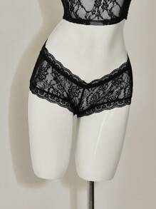 SHEIN ICON 超低腰蝴蝶结蕾丝黑色短裤 - 黑色 - 查看 3