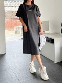 DAZY 字母图案落肩 T 恤连衣裙太阳裙 - 深灰色 - 查看 6