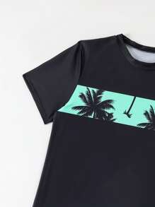 SHEIN Teen Boy Swimwear. Top With Fixed Printing, Bottom With Random Printing. Summer Holiday Boys Teen Swim Set - Boys Swim Trunks With Rash Guard UPF50+ 2 Piece Bathing Suits With Shorts Swimsuit Set