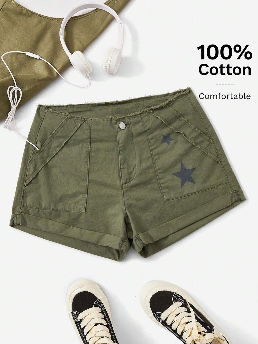 SHEIN EZwear 女士复古星形印花短裤 - 軍綠色 - 查看 1