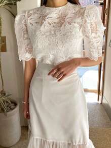 DAZY 女士优雅蕾丝短款泡泡袖 T 恤，夏季外出上衣 - 白色 - 查看 4