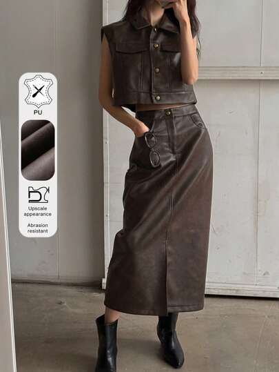 DAZY Conjunto de 2 piezas con chaleco sin mangas de piel sintética y falda larga con bolsillos rasgados, de moda, para mujer en otoño/invierno