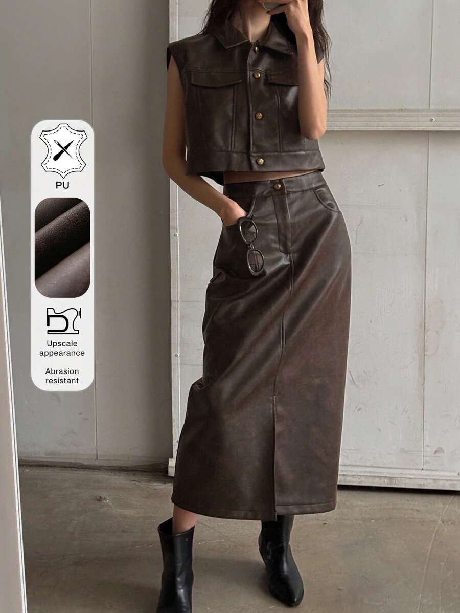 DAZY 女士秋冬 PU 皮革无袖背心和长开衩口袋裙两件套，时尚 - 鏽棕色 - 查看 1