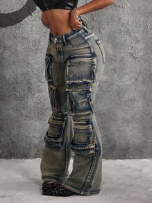 SHEIN ICON 女士多口袋喇叭百搭休闲牛仔裤