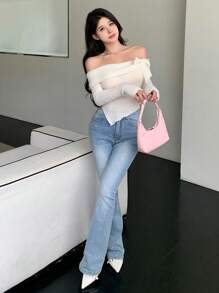 DAZY Camiseta ajustada de manga larga y hombros descubiertos con textura suave, ropa de otoño con tops lindos - Blanco - Ver 5