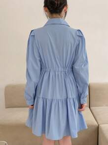 Solid Puff Sleeve Ruffle Hem Shirt Dress,Fall Dress Long Sleeve Dress - Blue - View 2