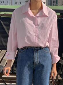 DAZY Letter Patched Drop Shoulder Shirt Long Sleeve Top - Baby Pink - View 4