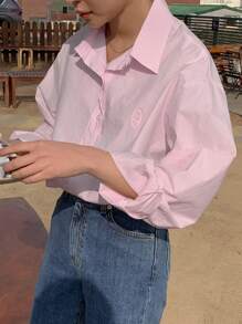 DAZY Letter Patched Drop Shoulder Shirt Long Sleeve Top - Baby Pink - View 8