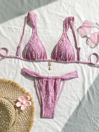 Swim Mod Frühlings-Break Damen Bademode Sommer Outfit, 2-teiliger texturierter Stoff Fuchsia Dreieck Bikini Badeanzug mit Anhänger, Urlaubssets für den Strand