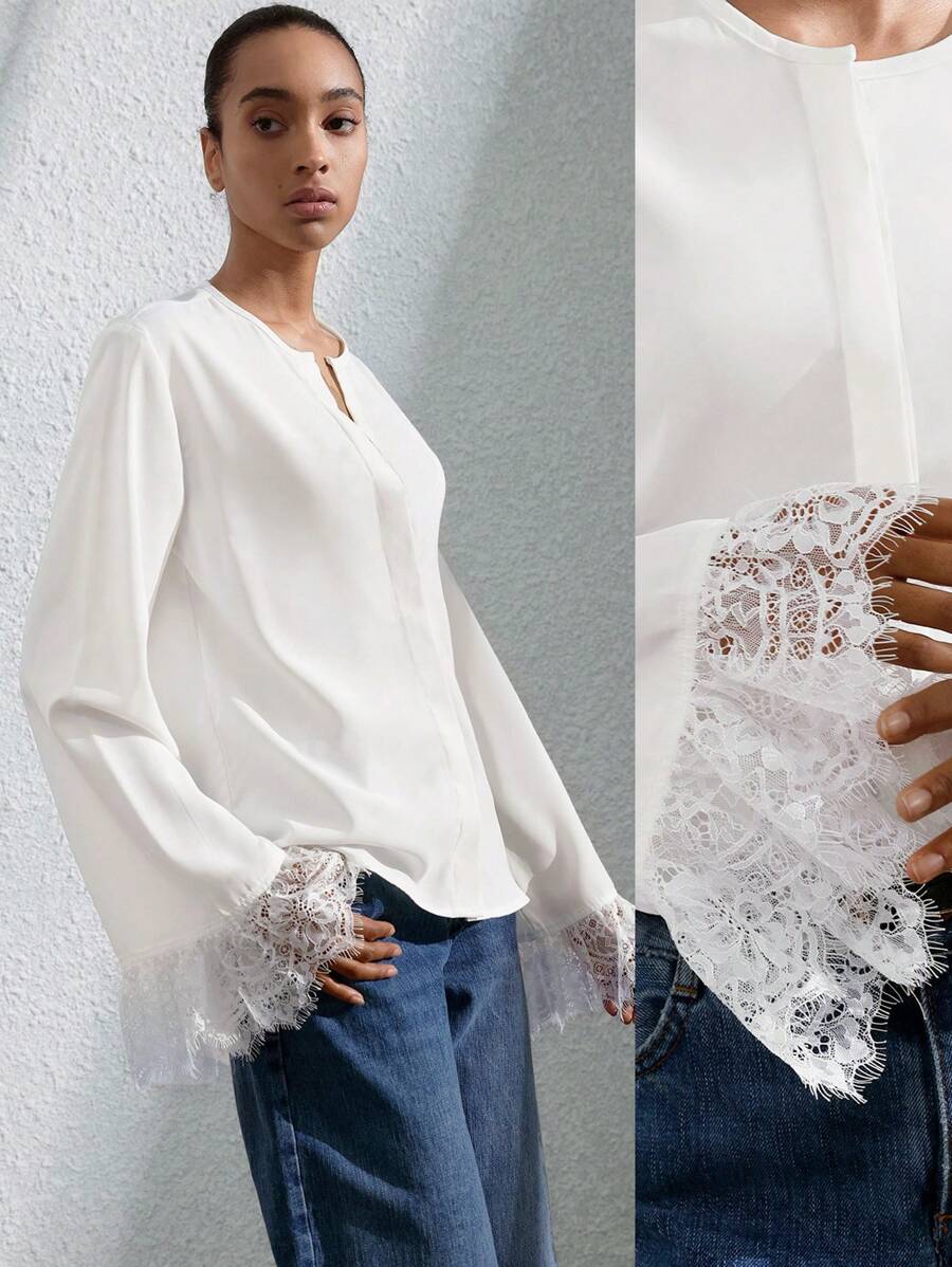 SHEIN Privé Áo cánh tay chuông ren tương phản cổ bẻ phong cách cổ điển thanh lịch dành cho nữ - trắng - Xem 1