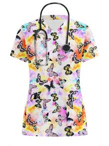 PopScrub Tie-Dye Butterfly Print Short Sleeve Scrub Uniform Top - Multicolor - View 1