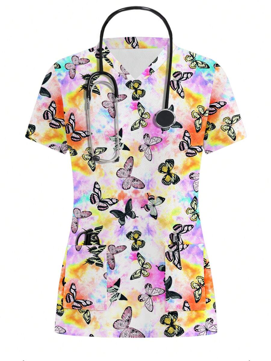 PopScrub Tie-Dye Butterfly Print Short Sleeve Scrub Uniform Top - Multicolor - View 1