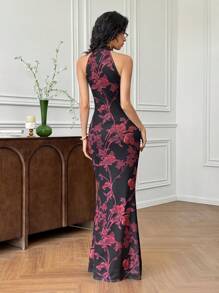 EastFlair 女士优雅复古长款中式领镂空花卉印花紧身连衣裙