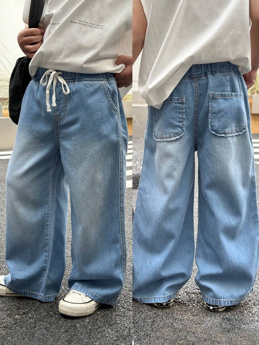 SHEIN 男童休闲简约抽绳腰破洞宽松蓝色牛仔裤，儿童春夏服装春假穿搭 - 淺色水洗藍 - 查看 1