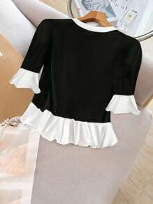EMERY ROSE Áo thun nữ tay ngắn thanh lịch, cổ tròn phối màu, nút giả, viền tương phản ở cổ áo, cổ tay áo và viền gấu áo - màu đen - Xem 2