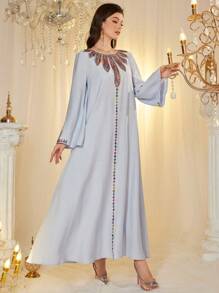 Al Najma Arabic Style Dress With Round Neck, Sequins Decor, Floral Pattern, Bell Sleeve And Flared Hem, Arabian Dresses,Modest - Blue - View 5