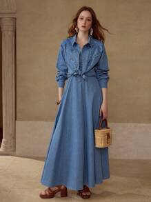 MOTF PREMIUM 对比色蕾丝纽扣牛仔衬衫 - 藍色 - 查看 1