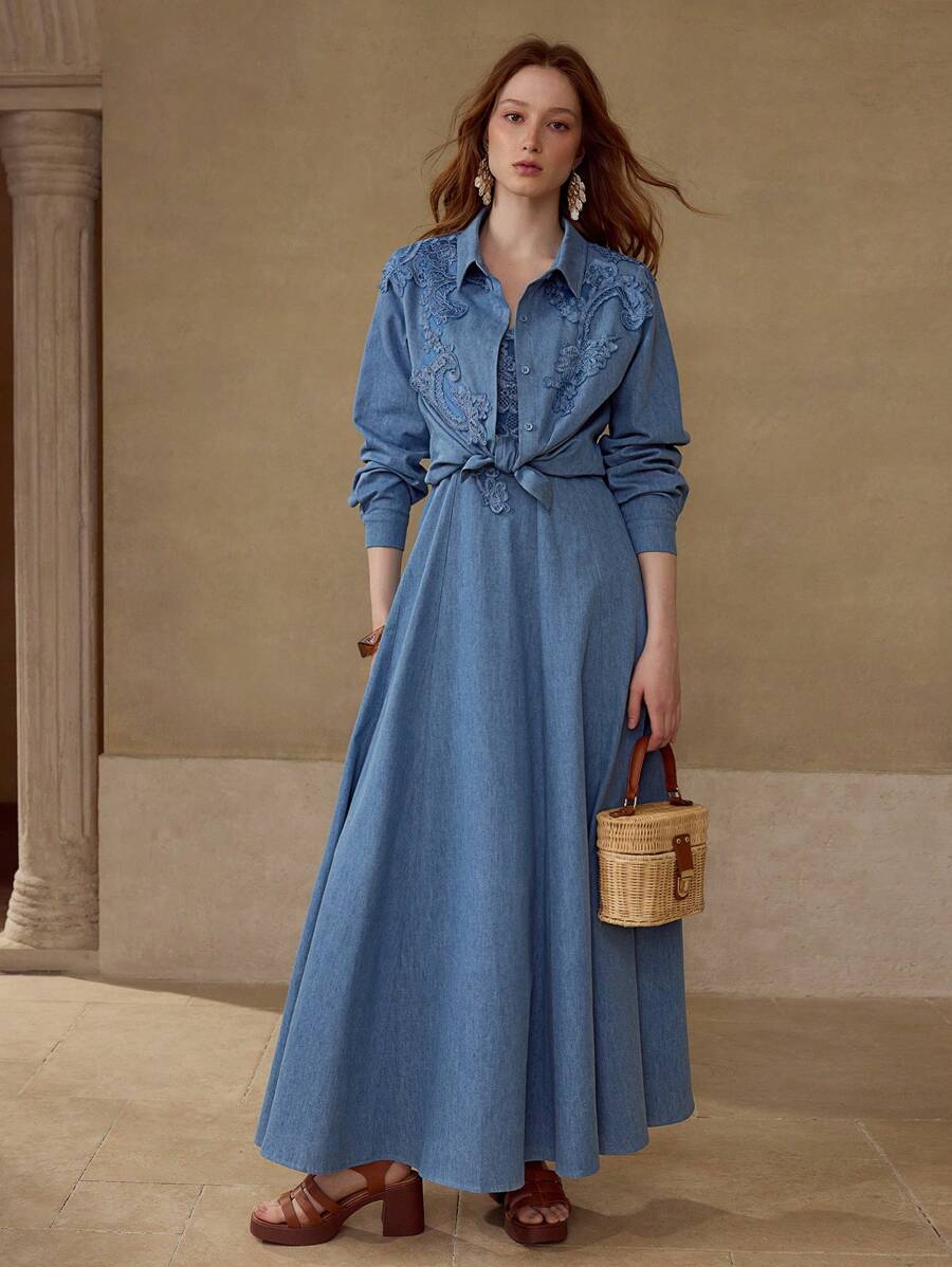 MOTF PREMIUM 对比色蕾丝纽扣牛仔衬衫 - 藍色 - 查看 1