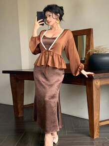 DAZY 2pcs/Set Women Contrast Lace Trim Splice Chiffon Cami Dress & Ruffle Hem Fish Tail Skirt Suits - Brown - View 2
