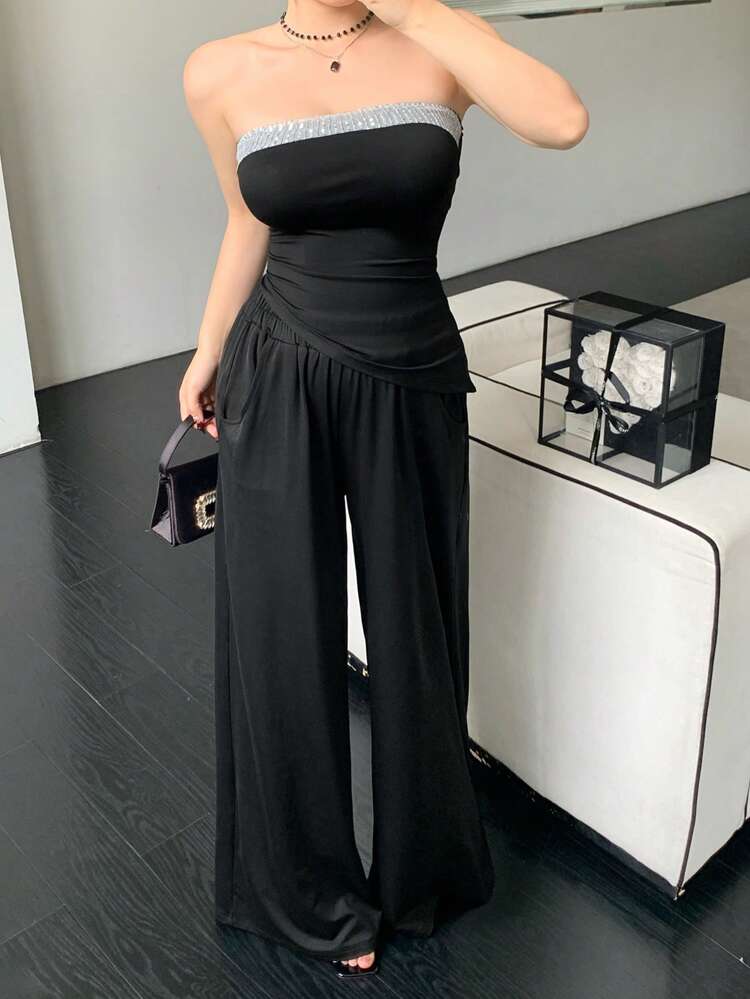 2pcs/Set Women Patchwork Sequin Decorated Cropped Camisole Top & Asymmetric Hem Shorts Athletic Suit