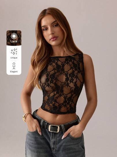 SHEIN SXY Schwarzes Top; Herbstbekleidung für Frauen; Spitzenoberteil; durchsichtiges schwarzes Mesh-Spitzen-Jacquard Damen Sexy Party Trägertop