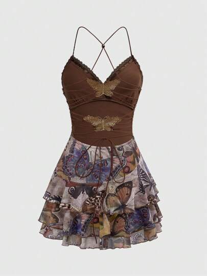 Fairycore Women's Vintage Sexy Music Festival Butterfly Print Asymmetrical Hem Delicate Butterfly Decor Hollow Back Short Dress
