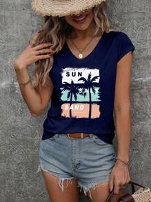INAWLY Plus Size Casual Palm Tree Print T-Shirt - Navy Blue - View 5