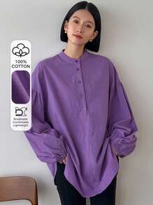 FRIFUL Women's Fashionable Loose Fit Solid Color Stand Collar Shirt, All Match,Fall Clothes - Purple - View 1