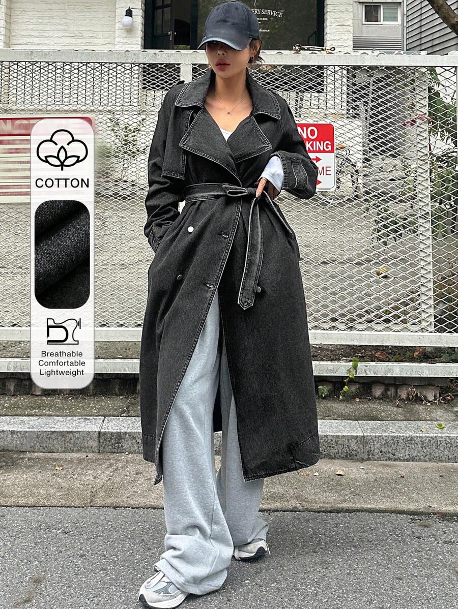 DAZY Women's Front Button Long Sleeve Pocket Minimalist Long Denim Jacket,Fall Clothes - Black - View 1