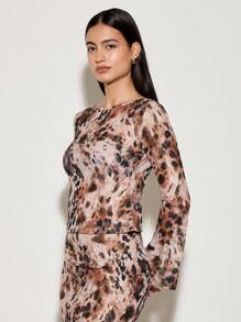 AiiRZ Mesh Printed Two Piece Set Tie Dye Long Sleeve Top Maxi Skirt Co-Ord Outfit Fall Winter Beach Resort Wear Vacation Party Evening Set