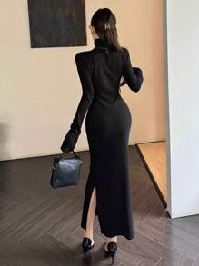 DAZY Women's Spring Fall Solid Color High Neck Long Sleeve Side Split Hem Long Fitted Elegant Dress - Black - View 7