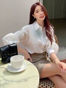 DAZY 女士商务休闲纯色长袖衬衫秋季 - 白色 - 查看 7