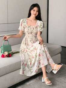DAZY Robe d'été imprimée de fleurs avec encolure carrée et taille froncée, robe de fermière sundress pour femmes